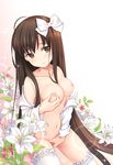  breasts brown_eyes brown_hair collarbone flower hair_ribbon ikataruto lily_(flower) long_hair masturbation medium_breasts naked_shirt navel nipples nude original pussy_juice ribbon shirt sitting solo sparkle thighhighs very_long_hair 