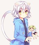  1other :3 androgynous animal_ears bell bell_collar blush cat_ears cat_tail chibi claws collar green_hair hood hoodie hunter_x_hunter looking_at_viewer male_focus miniboy neferpitou poooka shaiapouf silver_hair tail wavy_hair yellow_eyes 