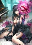  aqua_eyes between_breasts black_dress black_hair breasts chain cleavage collar dress fantasy flower hair_flower hair_ornament heterochromia instrument large_breasts long_hair looking_at_viewer mitu no_bra on_floor original parted_lips petals piano pointy_ears purple_eyes revealing_clothes rose sheet_music sitting sleeveless sleeveless_dress solo very_long_hair 