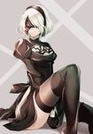  between_legs black_blindfold black_dress black_gloves black_hairband black_legwear blindfold boots breasts cleavage cleavage_cutout covered_eyes dress gloves grey_background hairband hand_between_legs juliet_sleeves kiringo long_sleeves medium_breasts mole mole_under_mouth nier_(series) nier_automata puffy_sleeves short_hair silver_hair sitting solo thigh_boots thighhighs thighhighs_under_boots thighs turtleneck_dress vambraces white_hair yorha_no._2_type_b 