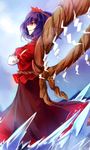  crossed_arms hair_ornament kutsuki_kai long_sleeves purple_hair red_eyes rope shimenawa shirt short_over_long_sleeves short_sleeves skirt solo touhou yasaka_kanako 