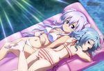  absurdres aqua_hair barefoot bikini bracelet braid breasts cleavage crossed_arms feet gakusen_toshi_asterisk grey_eyes hand_on_own_stomach highres imoto_kazuaki inflatable_raft jewelry large_breasts lavender_hair leg_up light_rays long_hair lying megami micro_bikini multiple_girls navel official_art on_back on_stomach pink_eyes sasamiya_saya short_hair silver_hair smile striped striped_bikini swimsuit the_pose toudou_kirin underboob very_long_hair 