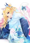  :3 animal_ears artist_name bangs blonde_hair blue_eyes blue_hakama bow butterfly_hair_ornament cat_ears cat_tail cinderella extra_ears fang floral_background floral_print glass_slipper gloves hair_ornament hakama head_rest high_heels japanese_clothes jewelry kimono long_hair looking_at_viewer original pointy_ears ribbon sera_(mrvles) shoes_removed sitting solo tail tail_bow twintails white_gloves white_ribbon wide_sleeves 
