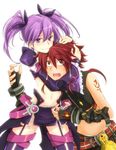  1girl aisha_(elsword) blush elsword elsword_(character) highres navel purple_eyes purple_hair purple_sleeves red_eyes red_hair rune_slayer_(elsword) skirt smirk sweat twintails void_princess_(elsword) 