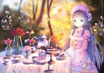 bangs black_hair blue_eyes blunt_bangs blurry bonnet bottle bow cage cake cake_stand cup cupcake dress feitaru flower food glass hair_ornament himemiya_maho layered_dress lolita_fashion long_hair long_sleeves outdoors pastry pink_dress pink_flower plate princess_connect! red_flower reflection rose saucer shadow slice_of_cake solo spoon sweets table tablecloth tea_party teacup teapot tiered_tray vase very_long_hair water wide_sleeves x_hair_ornament 
