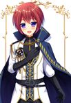  black_gloves blush cape elbow_gloves ensemble_stars! gloves male_focus neon_ui open_mouth purple_eyes red_hair smile solo suou_tsukasa 