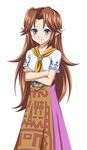  asatsuki_(fgfff) belt blue_eyes brown_hair crossed_arms highres long_hair malon pointy_ears shirt simple_background skirt smile solo the_legend_of_zelda the_legend_of_zelda:_ocarina_of_time white_background 