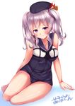  alternate_costume blue_eyes blush breasts cosplay hat kantai_collection kashima_(kantai_collection) large_breasts looking_at_viewer n@ss ro-500_(kantai_collection) ro-500_(kantai_collection)_(cosplay) school_swimsuit silver_hair solo swimsuit swimsuit_under_clothes twintails wavy_hair 