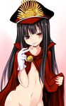  bangs black_hair blunt_bangs blush bottomless cape collar collarbone eyes_visible_through_hair fate/grand_order fate_(series) gloves gradient gradient_background groin hair_over_one_eye hat koha-ace long_hair looking_at_viewer midriff navel oda_nobunaga_(fate) open_clothes out-of-frame_censoring parted_lips peaked_cap red_cape red_eyes sen_(astronomy) simple_background sleeveless smile solo stomach very_long_hair white_gloves 