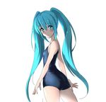  absurdres adjusting_clothes adjusting_swimsuit aqua_eyes aqua_hair ass bad_id bad_twitter_id blush competition_school_swimsuit domo1220 hatsune_miku highres long_hair looking_at_viewer looking_back one-piece_swimsuit solo swimsuit twintails very_long_hair vocaloid 