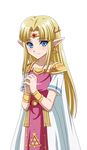  asatsuki_(fgfff) blonde_hair blue_eyes bracer circlet dress earrings hands_together highres jewelry long_hair pointy_ears princess_zelda simple_background smile solo the_legend_of_zelda the_legend_of_zelda:_a_link_between_worlds white_background 