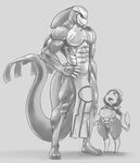  anthro big_breasts bisharp black_sclera breasts bulge cleavage clothed clothing duo female greyscale kyogre legendary_pok&eacute;mon loincloth male monochrome muscular nintendo open_mouth pok&eacute;mon pok&eacute;morph scar size_difference smile video_games xopachi 