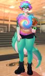  2015 absurd_res alligator amber_eyes anthro ball basketball big_breasts blush boots breasts clothed clothing eyewear fangdangler fangs female footwear glasses green_hair green_skin hair hat hi_res inside invalid_tag looking_at_viewer nails pink_hair purple_hair reptile scalie shirt shoes short_hair shorts smile solo standing tattoo teeth thick_thighs watch white_skin 