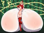  blonde_hair breasts covered_nipples elbow_gloves fur_trim gigantic_breasts gloves green_eyes hat highres looking_at_viewer mnjs sack santa_costume santa_hat scarf solo thighhighs 