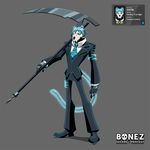  bone clothing death ectoplasm feline ghost gloves justin lewis_the_skeleton male mammal melee_weapon mystery_skulls necktie scythe sharp skeleton spirit suit tiger weapon wolfie_canem 