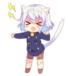  &gt;_&lt; androgynous animal_ears bell bell_collar cat_ears cat_tail chibi closed_eyes collar doll_joints fang hunter_x_hunter neferpitou poooka short_hair silver_hair solo tail wavy_hair 