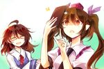  ahoge brown_eyes brown_hair cellphone closed_eyes glasses hair_ribbon hat himekaidou_hatate kutsuki_kai long_hair multiple_girls open_mouth phone puffy_short_sleeves puffy_sleeves ribbon school_uniform serafuku short_sleeves smartphone smile tokin_hat touhou twintails usami_sumireko 