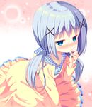  blue_eyes blush chocolate collarbone dress drunk flower gochuumon_wa_usagi_desu_ka? hair_ribbon hazakura_satsuki highres kafuu_chino long_hair long_sleeves looking_at_viewer low_twintails ribbon silver_hair sitting solo twintails yellow_dress 