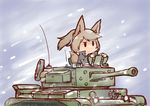  animal_ears borisx brown_hair cromwell_(tank) ground_vehicle highres military military_vehicle motor_vehicle original snowing solo tail tank 