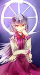  angel_wings bow brooch dress jacket jewelry kishin_sagume kutsuki_kai long_sleeves looking_at_viewer open_clothes open_jacket purple_dress red_eyes silver_hair single_wing solo touhou wings 