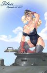  abs absurdres armpits bare_shoulders blonde_hair blue_eyes boots breasts cloud covered_navel dated day gloves grey_legwear ground_vehicle hat highres large_breasts leotard lips long_hair military military_hat military_vehicle motor_vehicle ponytail red_footwear red_gloves sakari sky solo sweat tank thighhighs 