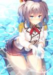  blue_eyes breasts epaulettes gloves hat hatsuki_kaname kantai_collection kashima_(kantai_collection) kneehighs large_breasts long_hair military military_uniform miniskirt partially_submerged silver_hair skirt smile solo twintails uniform water wavy_hair 
