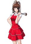  apron brown_hair eyepatch hair_ornament highres ikkitousen looking_at_viewer red_apron simple_background smile solo white_background yagyu_mitsuyoshi yellow_eyes 