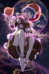  blob blue_eyes blue_hair brown_dress capelet convenient_leg doremy_sweet dream_soul dress earth hat looking_at_viewer multicolored multicolored_clothes multicolored_dress nightcap open_mouth pom_pom_(clothes) silence_girl smile solo touhou upskirt white_dress 