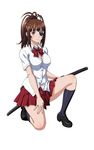  black_legwear bow bowtie breasts brown_hair cleavage dress_shirt eyepatch hair_ornament high_ponytail highres holding holding_sword holding_weapon ikkitousen katana large_breasts looking_at_viewer one_knee pleated_skirt red_bow red_skirt shirt simple_background skirt socks solo sword weapon white_background white_shirt yagyu_mitsuyoshi yellow_eyes 