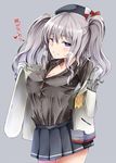  breasts cleavage hat heart heart-shaped_pupils hiba_(p-p-purin) jacket kantai_collection kashima_(kantai_collection) large_breasts miniskirt open_clothes open_jacket purple_eyes silver_hair skirt solo symbol-shaped_pupils translation_request twintails uniform 