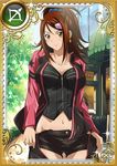  bachou_mouki bad_id bad_twitter_id black_shorts breasts brown_hair card_(medium) cleavage collarbone earrings groin hair_ornament hair_scrunchie ikkitousen jacket jewelry large_breasts looking_at_viewer magatama magatama_earrings midriff navel open_clothes open_jacket scrunchie shiny shiny_skin short_shorts shorts smile solo unzipped yellow_eyes zipper 