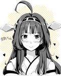  ahoge blush bonkara_(sokuseki_maou) character_name detached_sleeves hairband headgear heart kantai_collection kongou_(kantai_collection) long_hair looking_at_viewer monochrome portrait solo spot_color star starry_background translated 