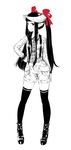  animal_ears argyle argyle_neckwear full_body hand_on_hip high_heels horn_ribbon horned_girl_(jaco) horns jaco long_hair monochrome necktie original ribbon shoes shorts sidelocks smile solo spot_color standing suspenders thighhighs tie_clip twintails very_long_hair white_background 