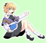  aqua_eyes arm_warmers blonde_hair breasts isaki_(gomi) looking_at_viewer medium_breasts mizuhashi_parsee pointy_ears ponytail sash scarf shirt short_hair short_sleeves sitting skirt solo touhou undershirt 