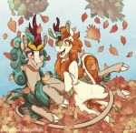  2018 amber_eyes autumn autumn_blaze_(mlp) blue_hair blue_mane blush brown_fur cloven_hooves crown digital_media_(artwork) duo facial_scales fangs female feral friendship_is_magic fur glowing hair hooves horn inuhoshi-to-darkpen kirin leaves lying mostly_nude my_little_pony nude one_eye_closed open_mouth open_smile orange_hair orange_mane outside plant quadruped queen_rain_shine_(mlp) red_eyes scales signature smile tail_tuft tan_fur teeth text tongue tuft url white_fur 