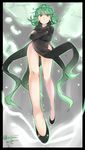 ass ass_visible_through_thighs black_border black_dress border covered_navel crossed_arms dress full_body green_eyes green_hair isshiki_(ffmania7) looking_at_viewer no_panties one-punch_man solo tatsumaki twitter_username 