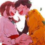  1girl blush braid brown_hair closed_eyes couple forehead-to-forehead freckles hetero holding_hands juushimatsu's_girlfriend leaf long_hair matsuno_juushimatsu osomatsu-kun osomatsu-san sasachin short_hair smile tears 