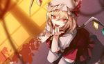  blonde_hair blood blood_in_mouth bloody_hands crystal eredhen fang flandre_scarlet from_above hat hat_ribbon kneeling light_particles looking_at_viewer mob_cap nail_polish open_mouth puffy_sleeves red_eyes ribbon shirt short_sleeves side_ponytail skirt skirt_set smile solo thighhighs touhou vest wallpaper white_legwear wings zettai_ryouiki 