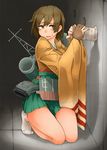  brown_eyes brown_hair gloves hiryuu_(kantai_collection) japanese_clothes kantai_collection kneeling looking_to_the_side ninjunker partly_fingerless_gloves quiver radio_antenna sexually_suggestive short_hair single_glove skirt solo sweatdrop tabi wide_sleeves yugake 