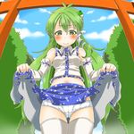  antenna_hair bare_shoulders blue_skirt blue_sky blush cameltoe cloud cowboy_shot day detached_sleeves frog_hair_ornament from_below gate green_eyes green_hair hair_between_eyes hair_ornament highres kochiya_sanae long_hair long_sleeves looking_down navel outdoors panties plant skirt sky smile snake_hair_ornament solo standing stomach thighhighs touhou tree umo underwear very_long_hair vest white_legwear white_panties 