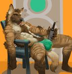  abstract_background blue_eyes bottle brown_fur bulge chair clothed clothing fur half-dressed hyena jockstrap male mammal nipples pockyrumz pubes sitting striped_hyena tongue topless underwear 