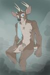  5_fingers abs anthro antlers athletic black_nose blue_eyes brown_fur casual_nudity cervine chest_tuft deer digital_media_(artwork) dragondrawer fur horn humanoid_penis male mammal nipples nude penis pubes sitting solo spa spots towel tuft uncut white_sclera 