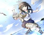 :d blue_sky blush brown_eyes brown_hair cannon cloud day dutch_angle explosion fire flame fubuki_(kantai_collection) gun holding holding_gun holding_weapon kantai_collection kneehighs looking_at_viewer machinery ocean open_mouth outdoors outstretched_arms outstretched_hand popomu school_uniform serafuku skirt sky smile smoke solo sunlight turret wading water weapon 