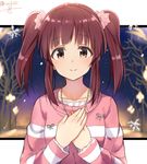  artist_name bangs bare_tree blunt_bangs brown_eyes brown_hair collarbone flower hair_flower hair_ornament hand_on_own_chest idolmaster idolmaster_cinderella_girls isshiki_(ffmania7) jewelry long_sleeves necklace night night_sky ogata_chieri short_hair sky smile snowflakes solo sweater tree two_side_up upper_body 