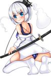  absurdres blush hair_ribbon highres katana kneeling konpaku_youmu konpaku_youmu_(ghost) long_sleeves looking_at_viewer looking_back off_shoulder one-piece_swimsuit open_clothes open_shirt ribbon school_swimsuit shirt short_hair silver_hair solo swimsuit sword thighhighs tokoya_(ex-hetare) touhou weapon white_legwear 