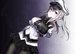  bad_id bad_pixiv_id black_legwear black_skirt blue_eyes capelet celtic_knot closed_mouth cowboy_shot cross dutch_angle gloves gradient gradient_background graf_zeppelin_(kantai_collection) hair_between_eyes hat impossible_clothes impossible_shirt jacket kantai_collection long_hair long_sleeves looking_at_viewer mashiro_aa miniskirt necktie pantyhose peaked_cap pleated_skirt purple_eyes red_neckwear shirt skirt solo spread_fingers twintails white_background 