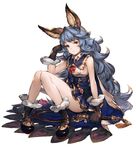  animal_ears blue_hair blush boots breasts cape cat_ears earrings erune ferry_(granblue_fantasy) full_body gloves granblue_fantasy highres jewelry junwool long_hair looking_at_viewer orange_eyes sideboob simple_background skirt sleeveless small_breasts solo very_long_hair whip white_background 