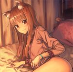  animal_ears bangs bed bed_sheet blurry blush brown_hair comb depth_of_field fang_out flat_chest highres hips holo indoors jewelry kawakami_rokkaku long_hair long_sleeves looking_at_viewer lying necklace no_panties on_side pillow protected_link red_eyes ring room sheet_grab shiny shiny_hair shirt smile solo sparkle spice_and_wolf thighs wedding_band wolf_ears wristband 