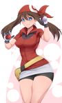  artist_name bag bike_shorts blue_eyes breasts brown_hair collar dual_wielding gloves grin hair_between_eyes haruka_(pokemon) head_scarf highres holding holding_poke_ball jacket large_breasts looking_at_viewer miniskirt parted_lips poke_ball pokemon pokemon_(game) pokemon_rse red_jacket short_sleeves simple_background skirt smile solo stormcow white_gloves white_skirt zipper 