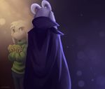  amber_eyes anthro asriel_dreemurr before_and_after boss_monster cape clothed clothing flower front_view fur horn long_ears looking_at_viewer male monster nurinaki plant rear_view robes smile solo standing sweater white_fur 